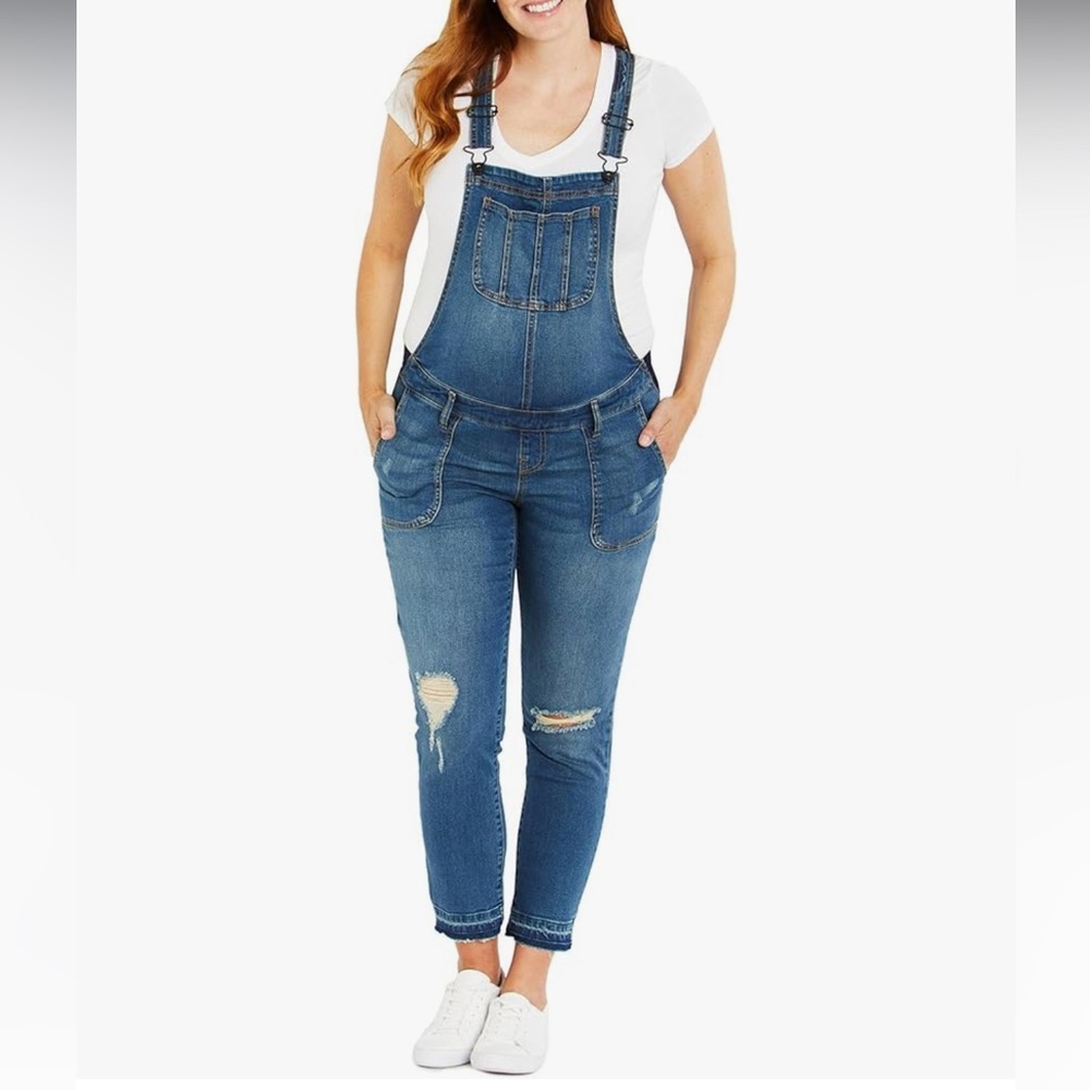 Motherhood Maternity Women's Side Panel Skinny Ankle Pregnancy Denim Overalls L